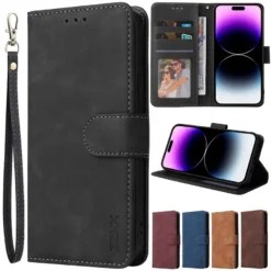 luxury leather wallet card holder flip case for iphone 14 13 12 pro max plus wrist strap