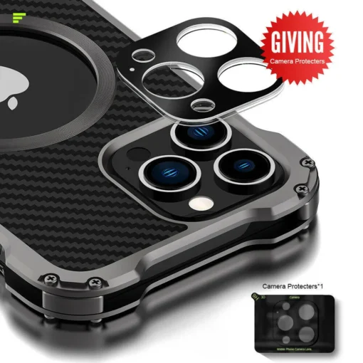 heavy duty aluminum metal armor case for iphone 14 13 12 carbon fiber texture back plate