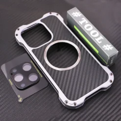 heavy duty aluminum metal armor case for iphone 14 13 12 carbon fiber texture back plate
