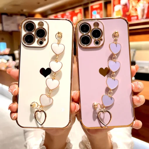 heart plating silicone case for iphone 15 14 13 12 11 pro max x xr 8 7 plus se 2020 2022 15pro 14pro with wrist bracelet strap cover a