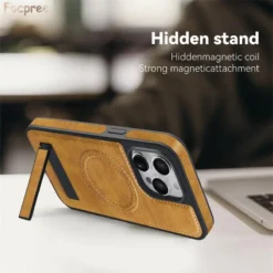luxury leather case for iphone 15 pro max 14 plus 11 12 13 holder wireless charging shockproof bumper stand phone cover