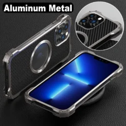 heavy duty aluminum metal armor case for iphone 14 13 12 carbon fiber texture back plate