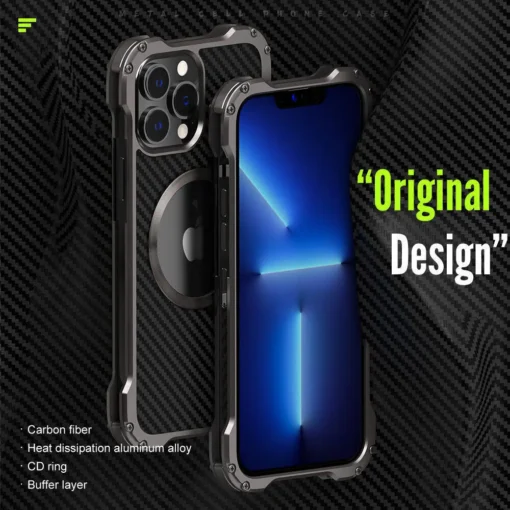 heavy duty aluminum metal armor case for iphone 14 13 12 carbon fiber texture back plate