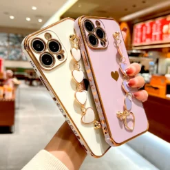 heart plating silicone case for iphone 15 14 13 12 11 pro max x xr 8 7 plus se 2020 2022 15pro 14pro with wrist bracelet strap cover a