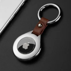 premium metal case + leather key fob keyring case for apple airtag protective cover