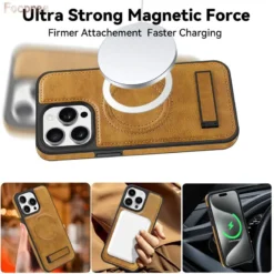luxury leather case for iphone 15 pro max 14 plus 11 12 13 holder wireless charging shockproof bumper stand phone cover