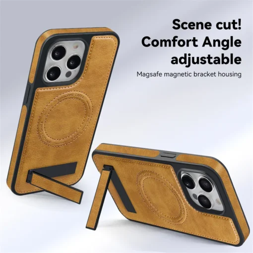 luxury leather case for iphone 15 pro max 14 plus 11 12 13 holder wireless charging shockproof bumper stand phone cover