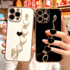 heart plating silicone case for iphone 15 14 13 12 11 pro max x xr 8 7 plus se 2020 2022 15pro 14pro with wrist bracelet strap cover a
