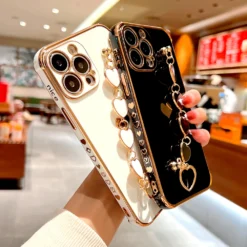 heart plating silicone case for iphone 15 14 13 12 11 pro max x xr 8 7 plus se 2020 2022 15pro 14pro with wrist bracelet strap cover a