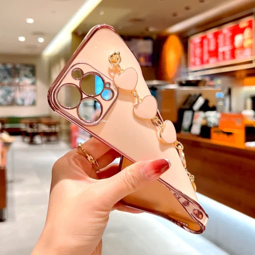 heart plating silicone case for iphone 15 14 13 12 11 pro max x xr 8 7 plus se 2020 2022 15pro 14pro with wrist bracelet strap cover a