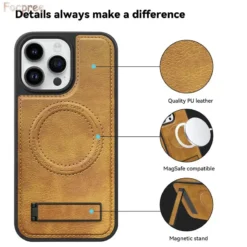 luxury leather case for iphone 15 pro max 14 plus 11 12 13 holder wireless charging shockproof bumper stand phone cover