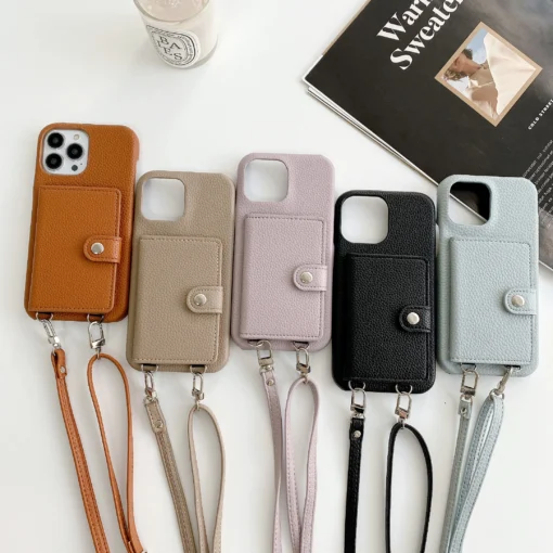 luxury crossbody lanyard leather card holder wallet case for iphone 11 12 pro max mini