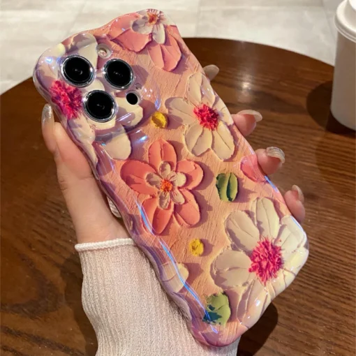 luxury laser pink glitter 3d painting flowers pattern iphone series phone cases ic0363