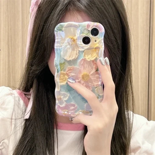 wave blue light oil painting flower pattern iphone series phone cases green
