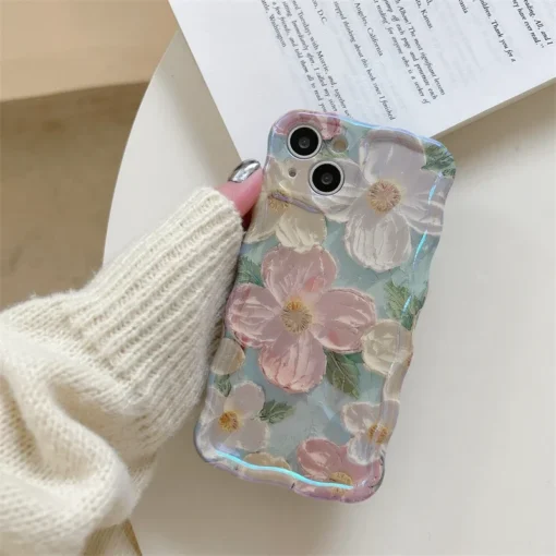 wave blue light oil painting flower pattern iphone series phone cases green